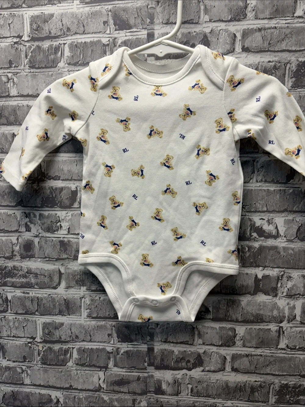 Ralph Lauren White Teddy Bear Print Long-Sleeve Baby One-Piece